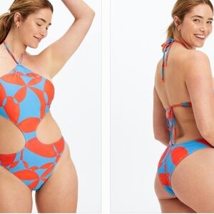 Fabletics Geo Floral Cutout Blue/Red Halter One-Piece Swimsuit